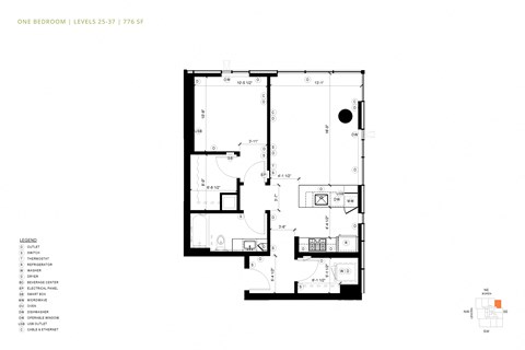 Floor plan for 1 bed, 1 bath, 792 sqft